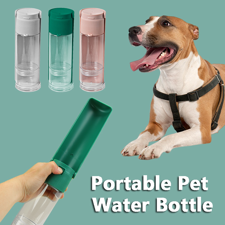 Portable dog water bottle with water trough and lower treat compartment - Main product view