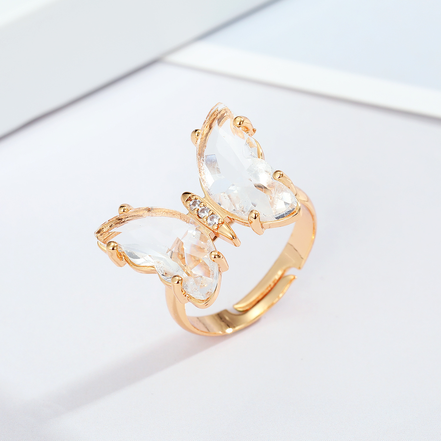 Vintage adjustable butterfly ring with colorful artificial gem-style inlay - Product view 7