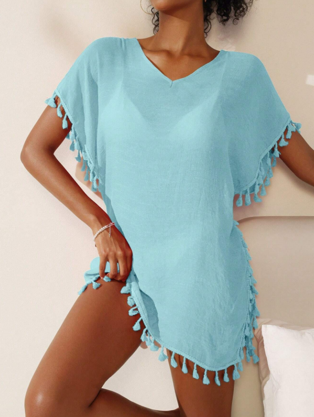 Women's V-neck tassel short-sleeve top in blue or rose red - Product view 1