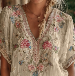 Women’s loose-fit retro printed V-neck short-sleeve top - Product view 5