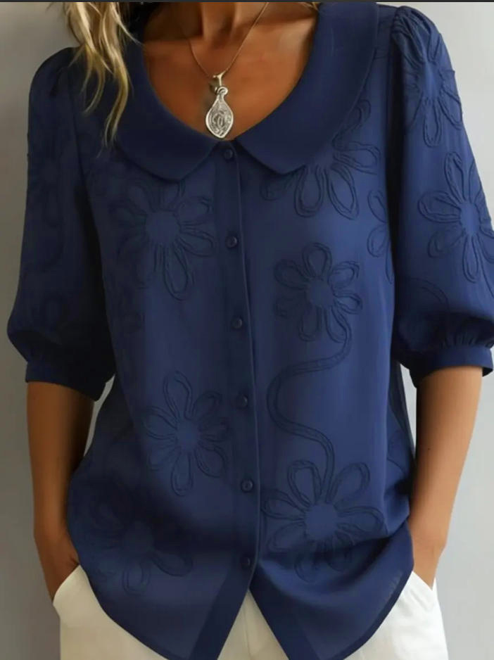 Loose-fit retro floral embroidered short-sleeve button-up shirt - Product view 7