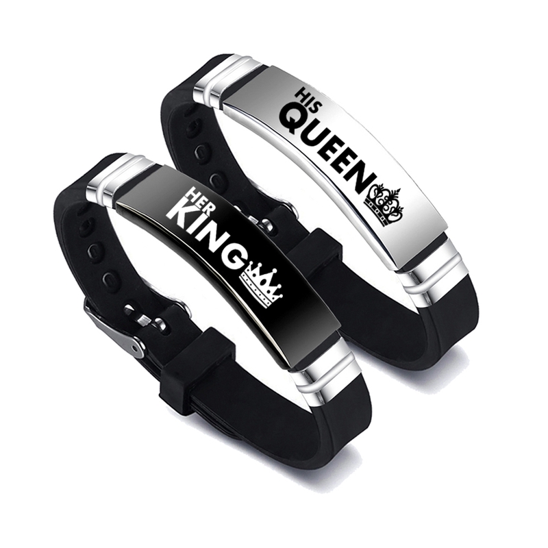 Black and silver His King Her Queen matching couple bracelet set with crown and letter charms - Product view 3