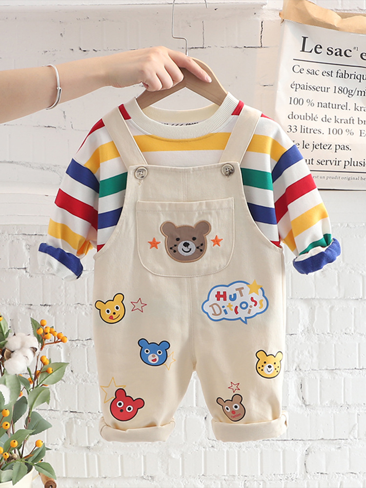 Boys’ Top Overalls Suit - Product view 9 Boys' plaid shirt and strap pants outfit in yellow or beige - Product view 9