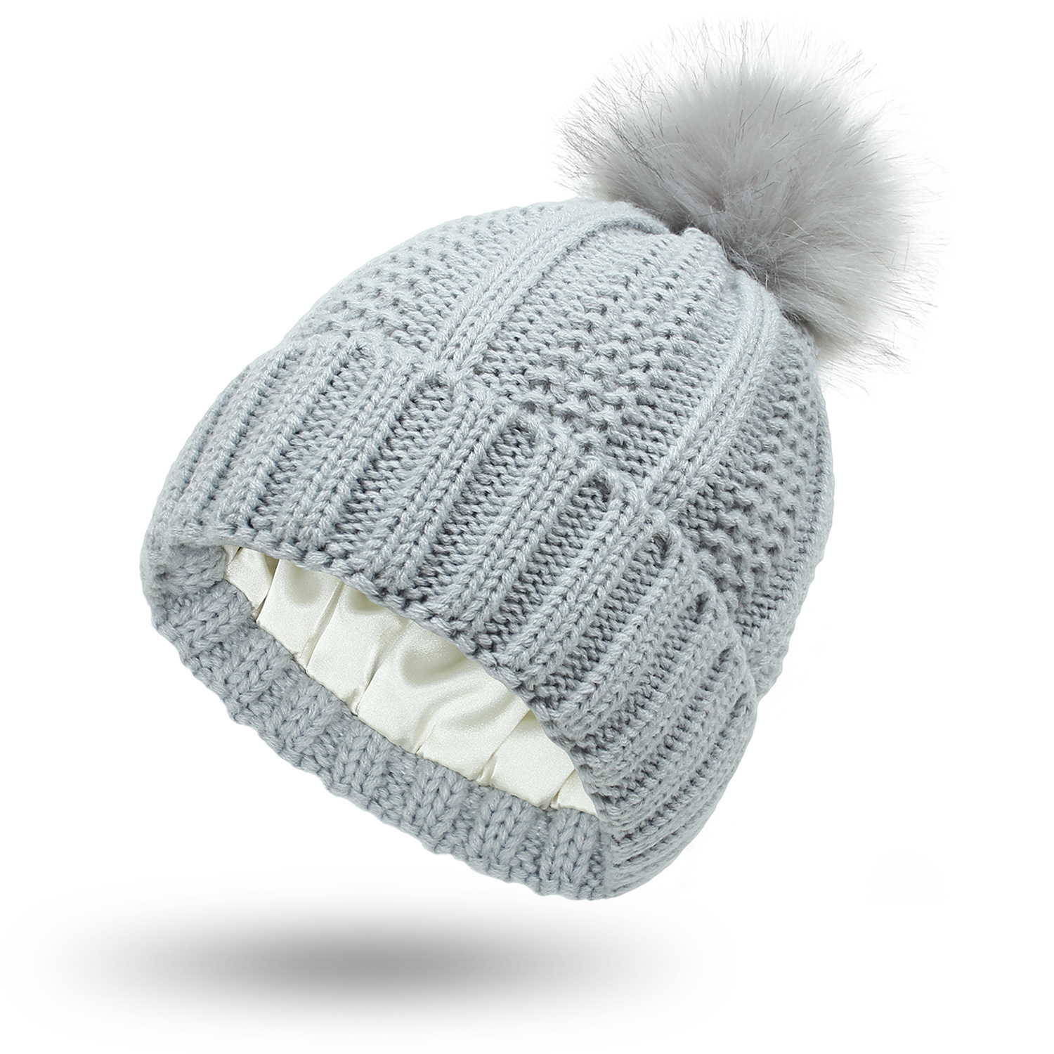 Women’s knitted beanie with satin lining and faux fur pom pom - Product view 9