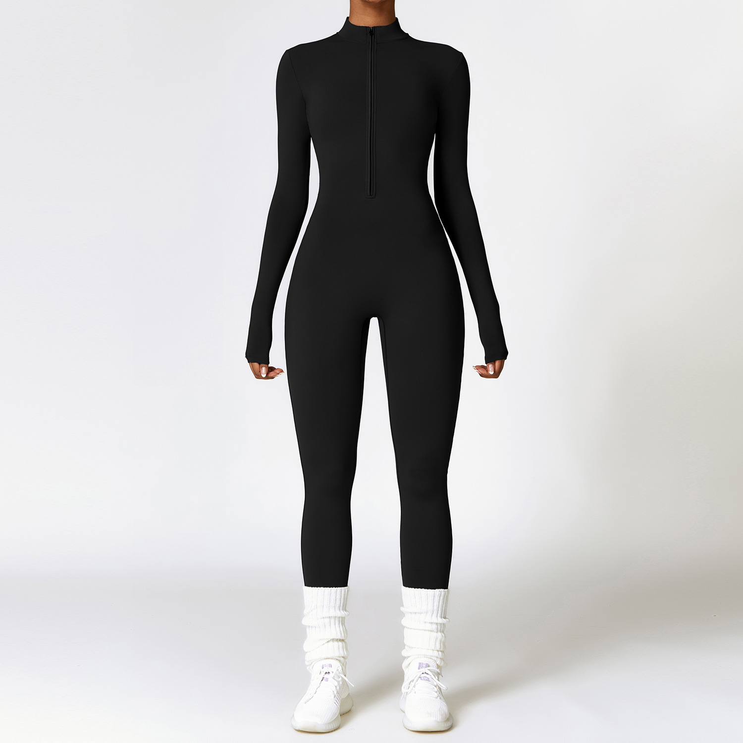 Women's long-sleeve zip-front sports jumpsuit in warm velvet fabric - Product view 6