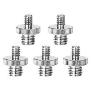 Five silver aluminum 1/4 to 3/8 male camera tripod screw adapters - Main product view