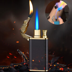 Metal dolphin or crocodile butane lighter with blue flame - Main product view