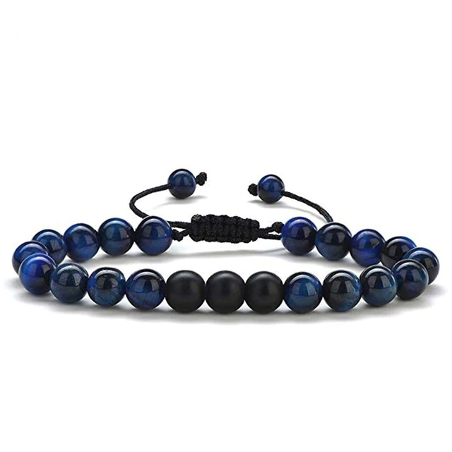 Tiger eye and matte black agate couple bracelets with geometric beads - Product view 10