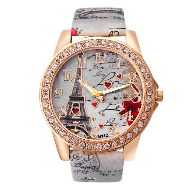 Vintage women's quartz watch with Paris Eiffel Tower dial and PU leather band - Product view 8