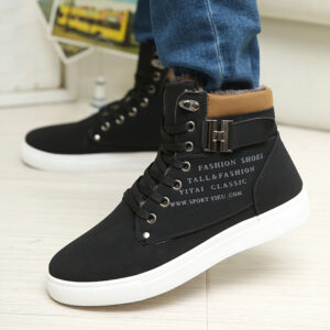 Men's plush-lined black high-top casual boot with lace-up front - Main product view
