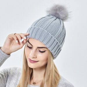 Women’s knitted beanie with satin lining and faux fur pom pom - Main product view