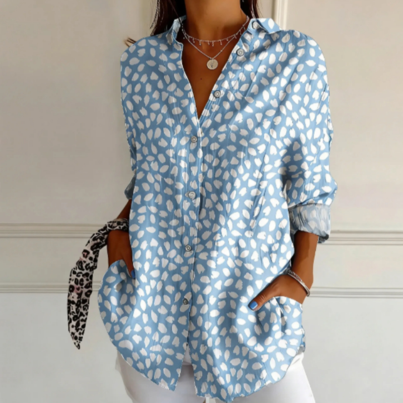Blue long-sleeved shirt with polka dot print - Main product view