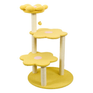 Yellow daisy-shaped multi-level cat tree with scratching posts and cozy top perch - Main product view