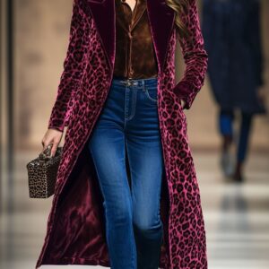 Women's loose velvet leopard print colorblock coat with lapel collar - Main product view