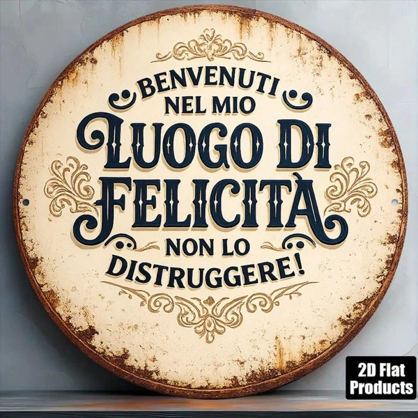 Vintage round metal tin welcome sign with happy place message - Main product view