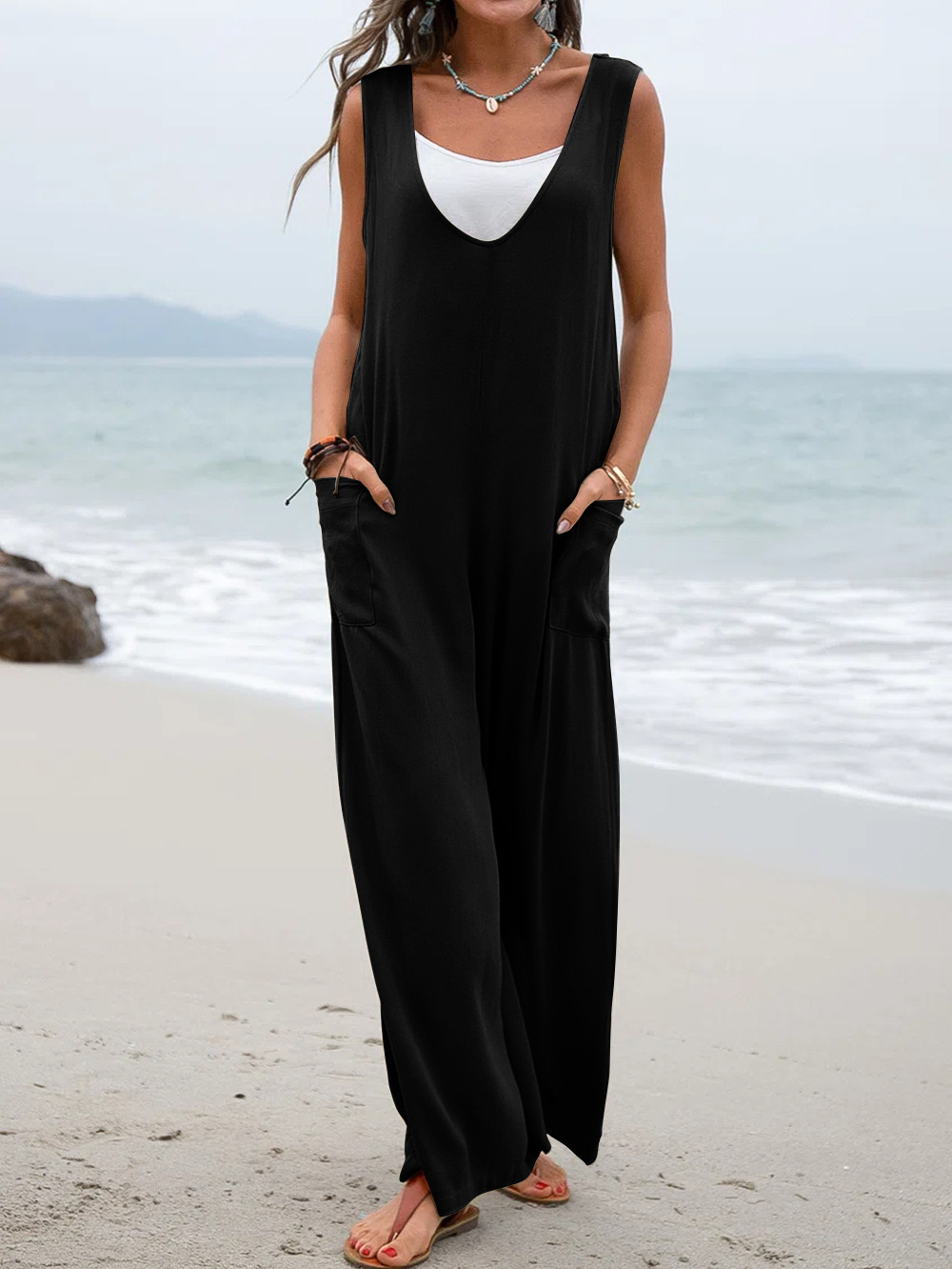 Women's sleeveless V-neck jumpsuit with straight legs and patch pockets - Product view 6