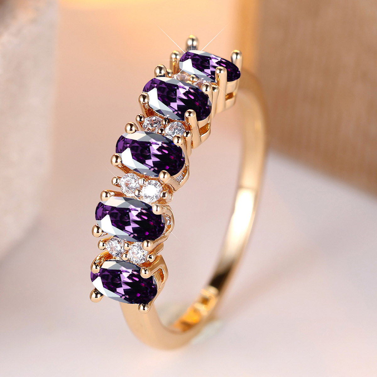 Geometric champagne-gold electroplated ring with blue or purple stone - Product view 7