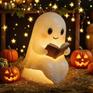 Cute resin ghost reading book lamp with soft warm light - Main product view