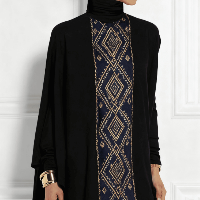 Black bohemian vintage-style turtleneck top with asymmetric hem - Main product view