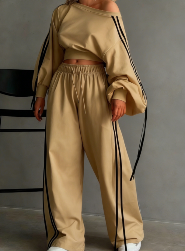Drapey Wide-Leg Pants Casual Set - Product view 4 Off-shoulder cropped top and high-waisted wide-leg pants casual set - Product view 4
