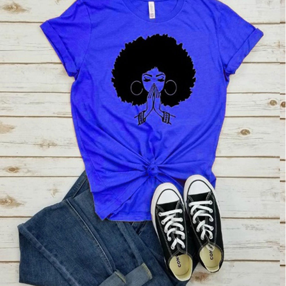 Casual loose-fit printed short-sleeve T-shirt with round neck - Sapphire-3XL