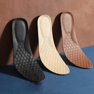 Unisex cowhide leather shoe insoles in black, dark brown, and beige - Main product view