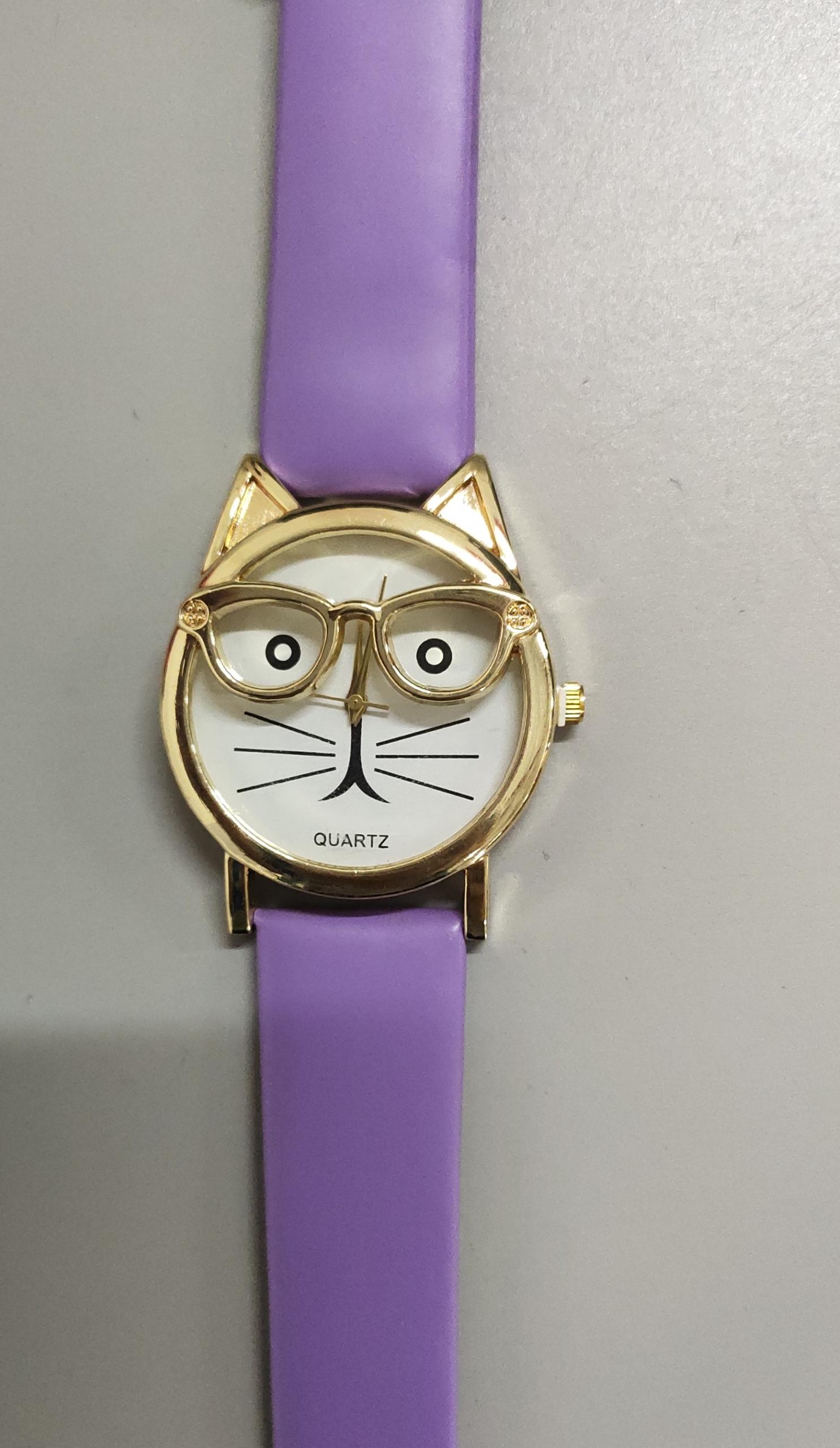 Children’s cartoon cat-face quartz wristwatch with rectangular dial and PU strap - Product view 12