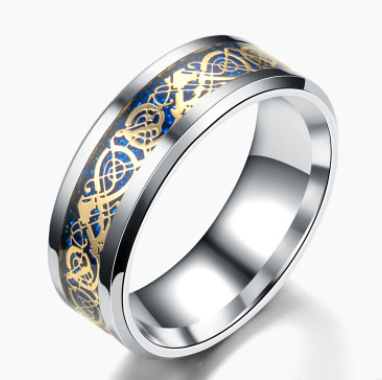 Men's stainless steel dragon pattern ring in silver or gold-tone style - Product view 1