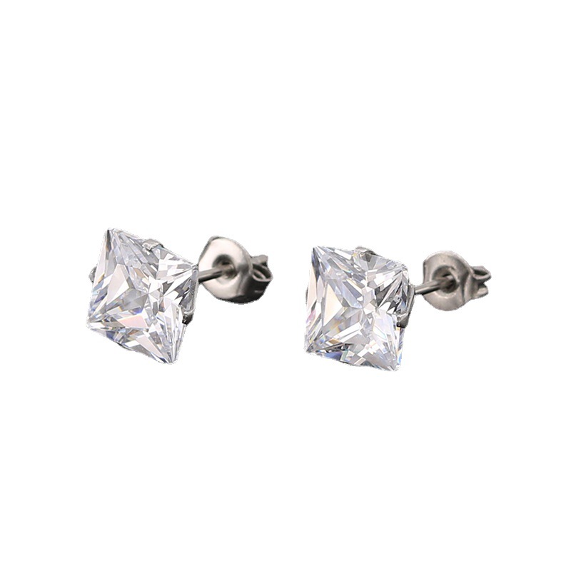 Stainless steel square stud earrings with four-claw design - Product view 1