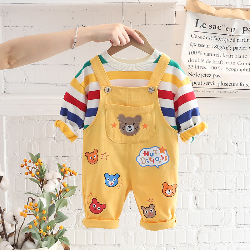 Boys’ Top Overalls Suit - Product view 5 Boys' plaid shirt and strap pants outfit in yellow or beige - Product view 5