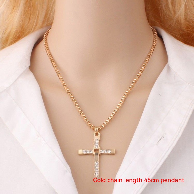 Geometric cross pendant necklace with rhinestone detailing and 48 cm chain or leather rope - Product view 7