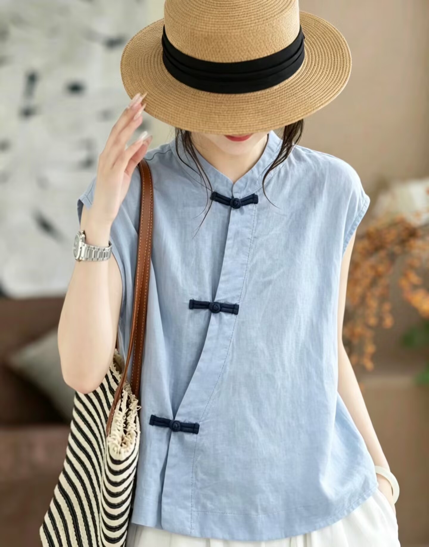 Women’s Chinese-style retro cotton vest with frog buttons - Product view 13