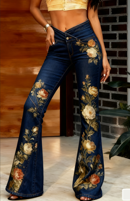 Women’s slim-fit flared jeans with cross waistband - Product view 2