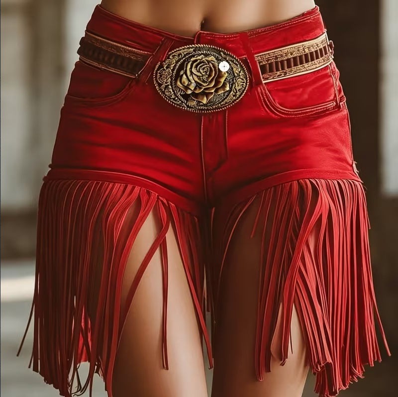 High-waist western shorts with long fringe hem in red or white - Product view 1