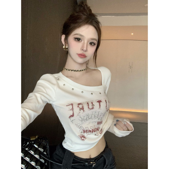 White women's slim long-sleeve pullover top with diagonal collar - Product view 3