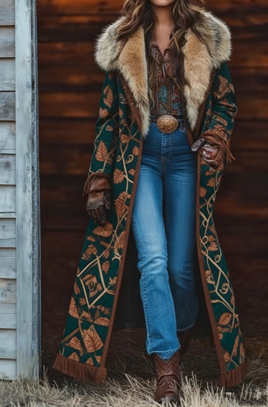 Women's vintage printed long coat with long sleeves - Main product view