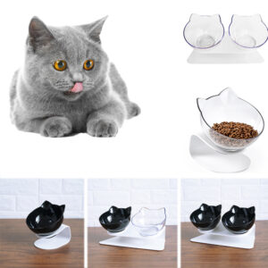 Elevated transparent double cat food bowl with 15-degree tilted opening and anti-skid base - Main product view