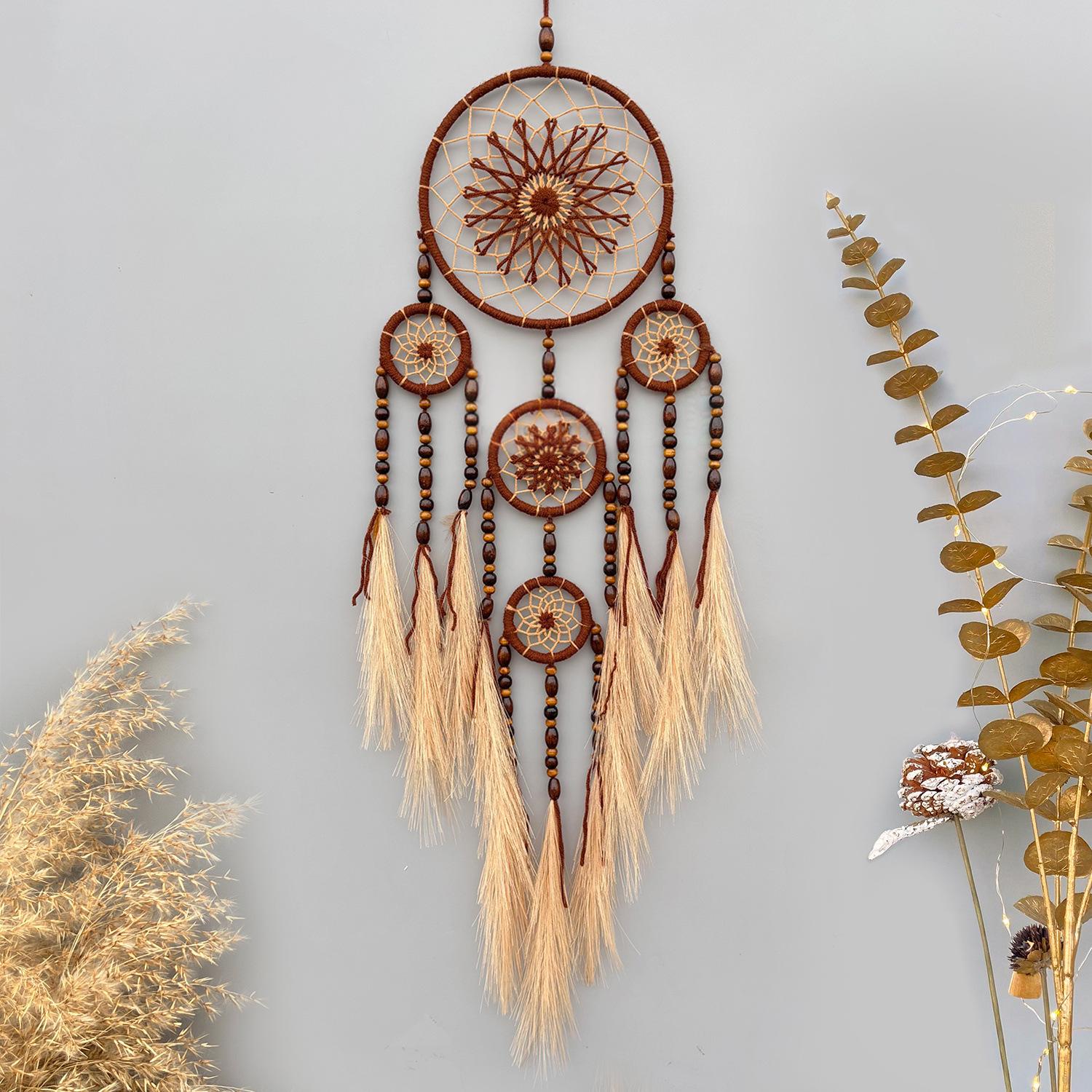 Modern minimalist pampas grass dreamcatcher wall hanging in gray or coffee brown - Main product view