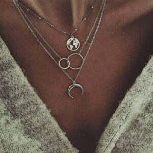 Multilayer boho moon map necklace with matching ring - Main product view