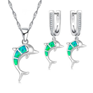 Gold-plated dolphin necklace and earrings set with opal-style detailing - Main product view