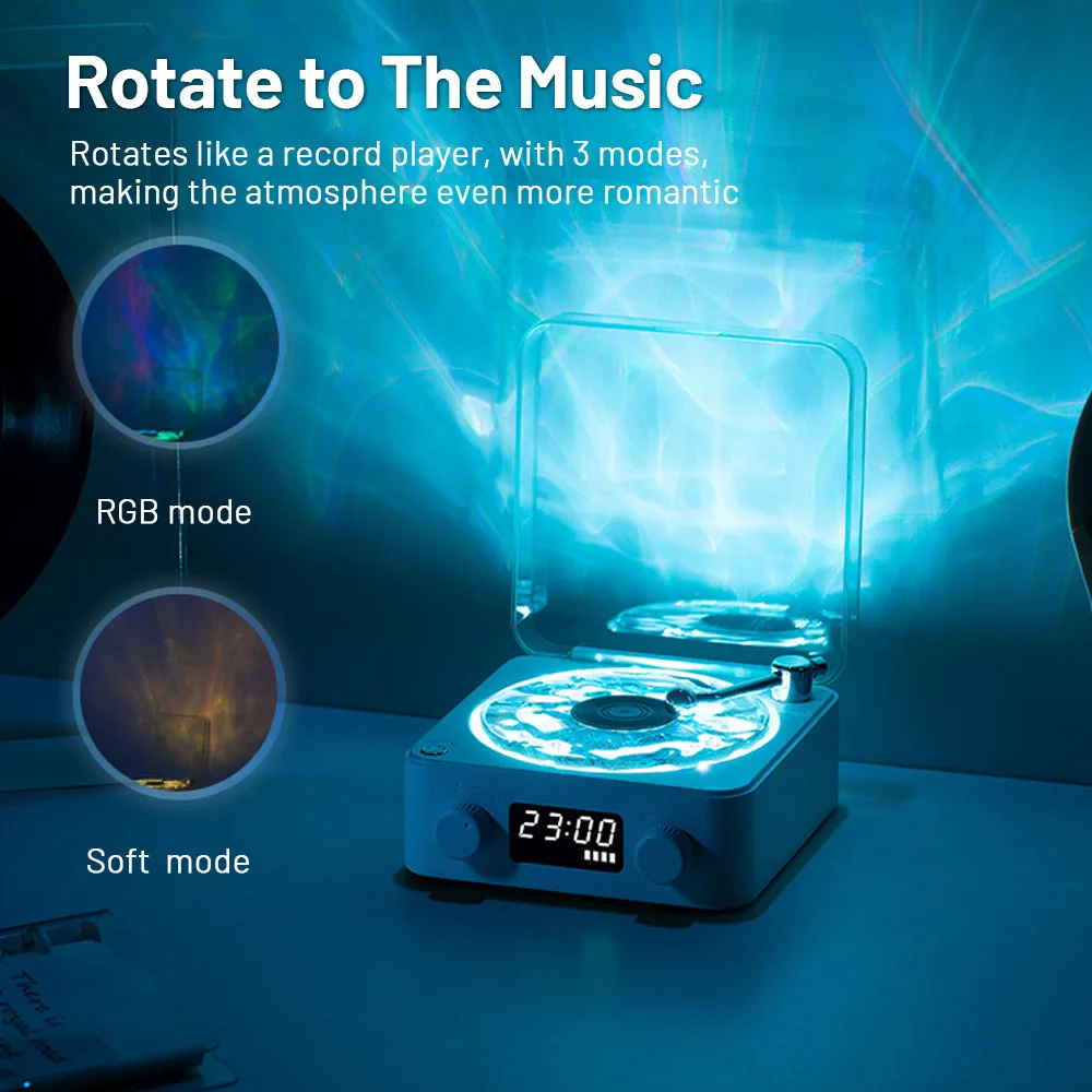 Retro Bluetooth speaker with rotating vinyl-style turntable and ambient ripple light - Main product view