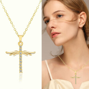 Angel wings cross pendant necklace with geometric design and snake-bone-style chain - Main product view