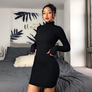 Women's solid-color high-waisted half-turtleneck sheath dress - Main product view