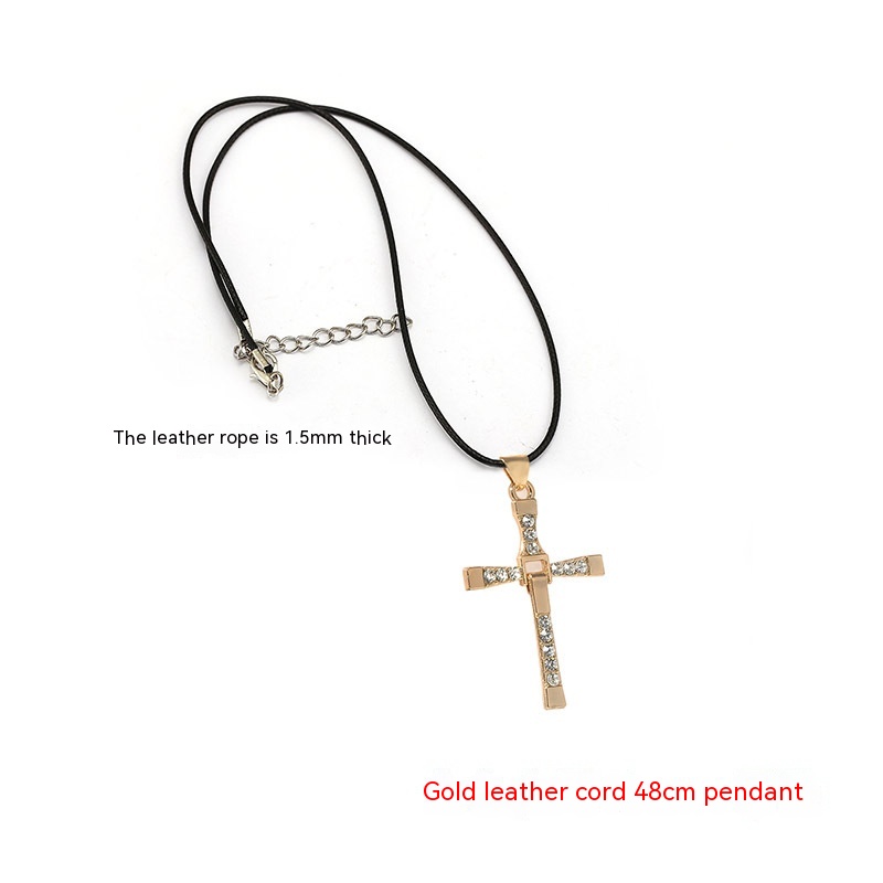Geometric cross pendant necklace with rhinestone detailing and 48 cm chain or leather rope - Product view 6