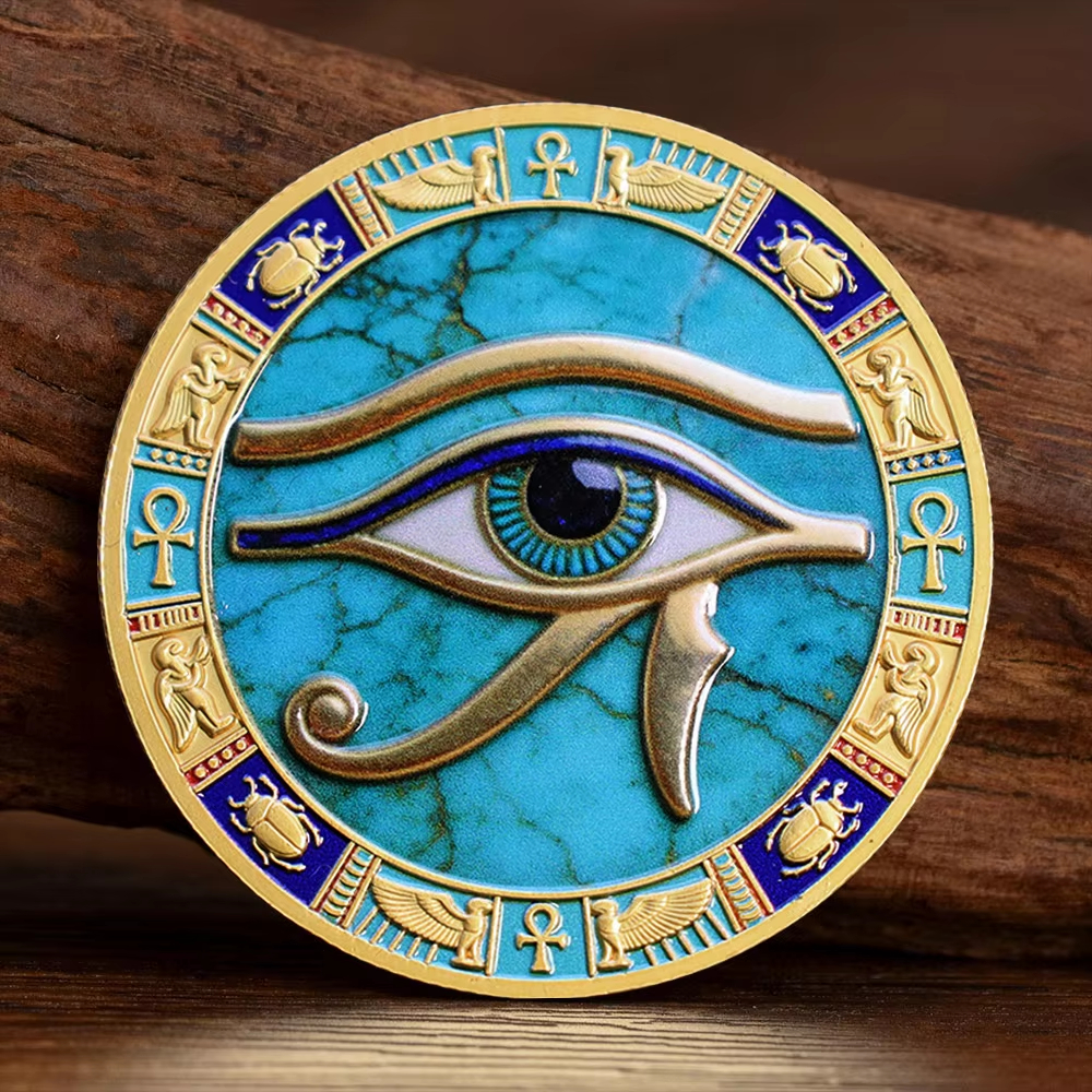 Iron Egyptian-style Eye of Horus pyramid lucky coin with human-faced design - Main product view