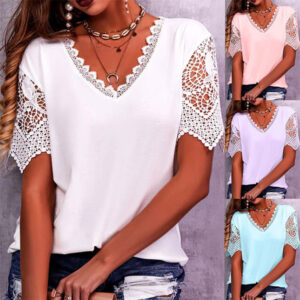 Women's lace-panel loose V-neck short-sleeve top in a solid color - Main product view