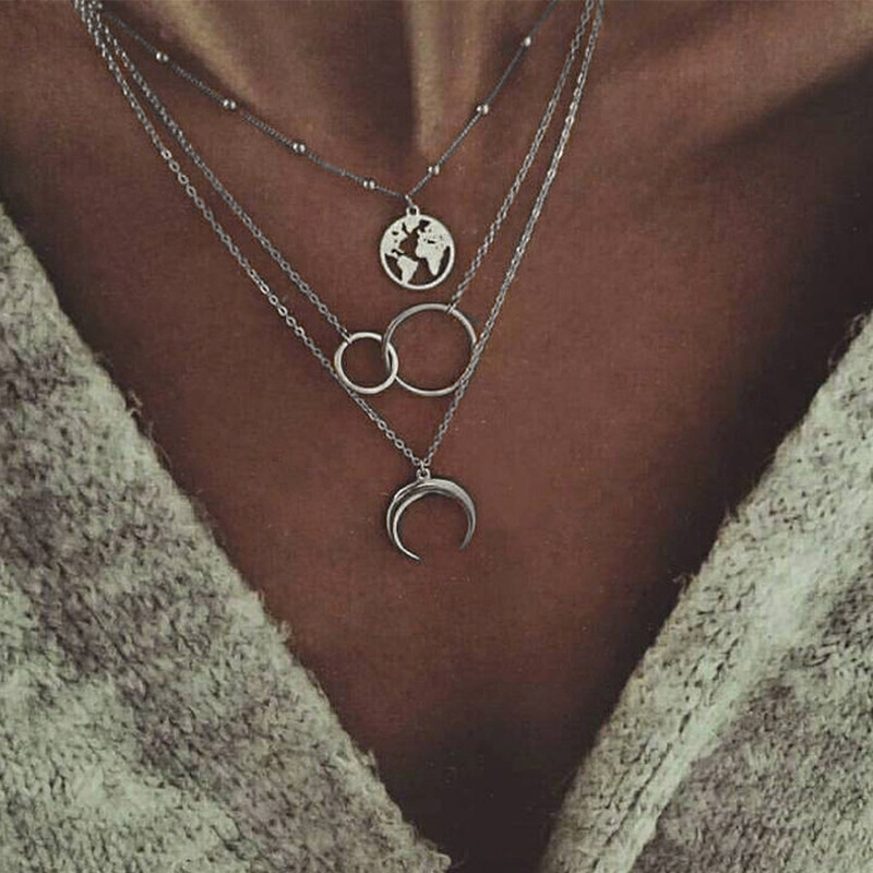 Fashionable Multilayer Boho Moon Map Necklace - Product detail 2 Multilayer boho moon map necklace with matching ring - Product detail 2