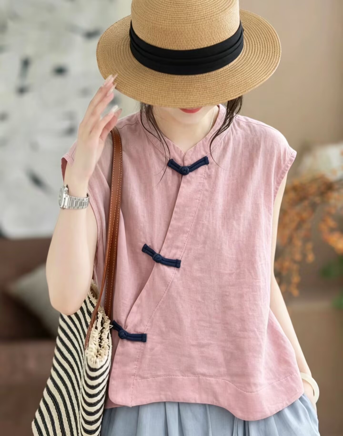 Women’s Chinese-style retro cotton vest with frog buttons - Product view 12