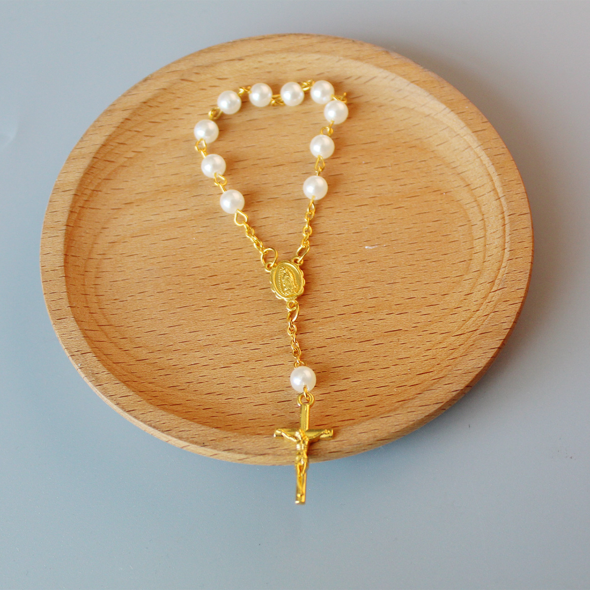 Unisex pearl cross full moon blessing bracelet in an electroplated finish - Product view 2