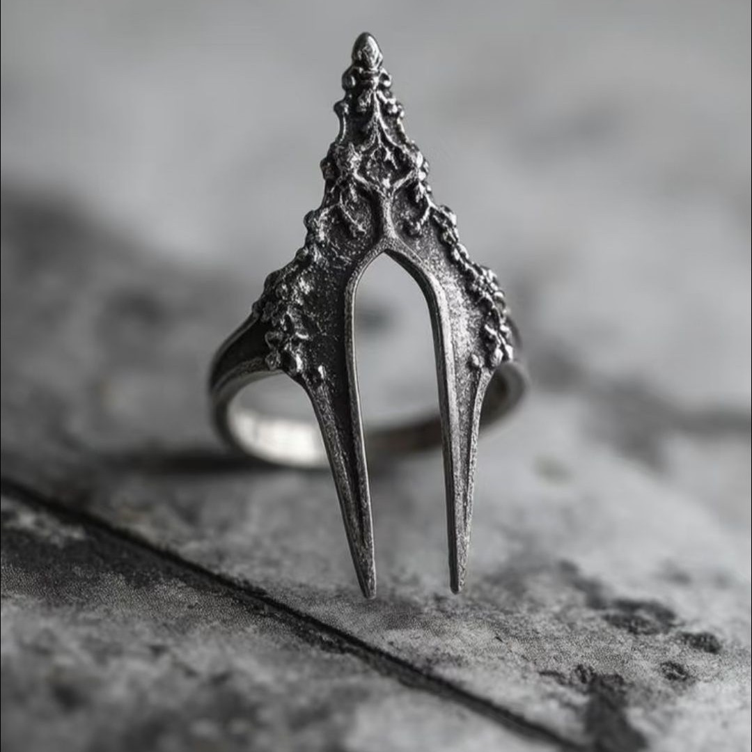 Dark gothic adjustable alloy ring with a geometric double-pointed thorn design - Product view 1